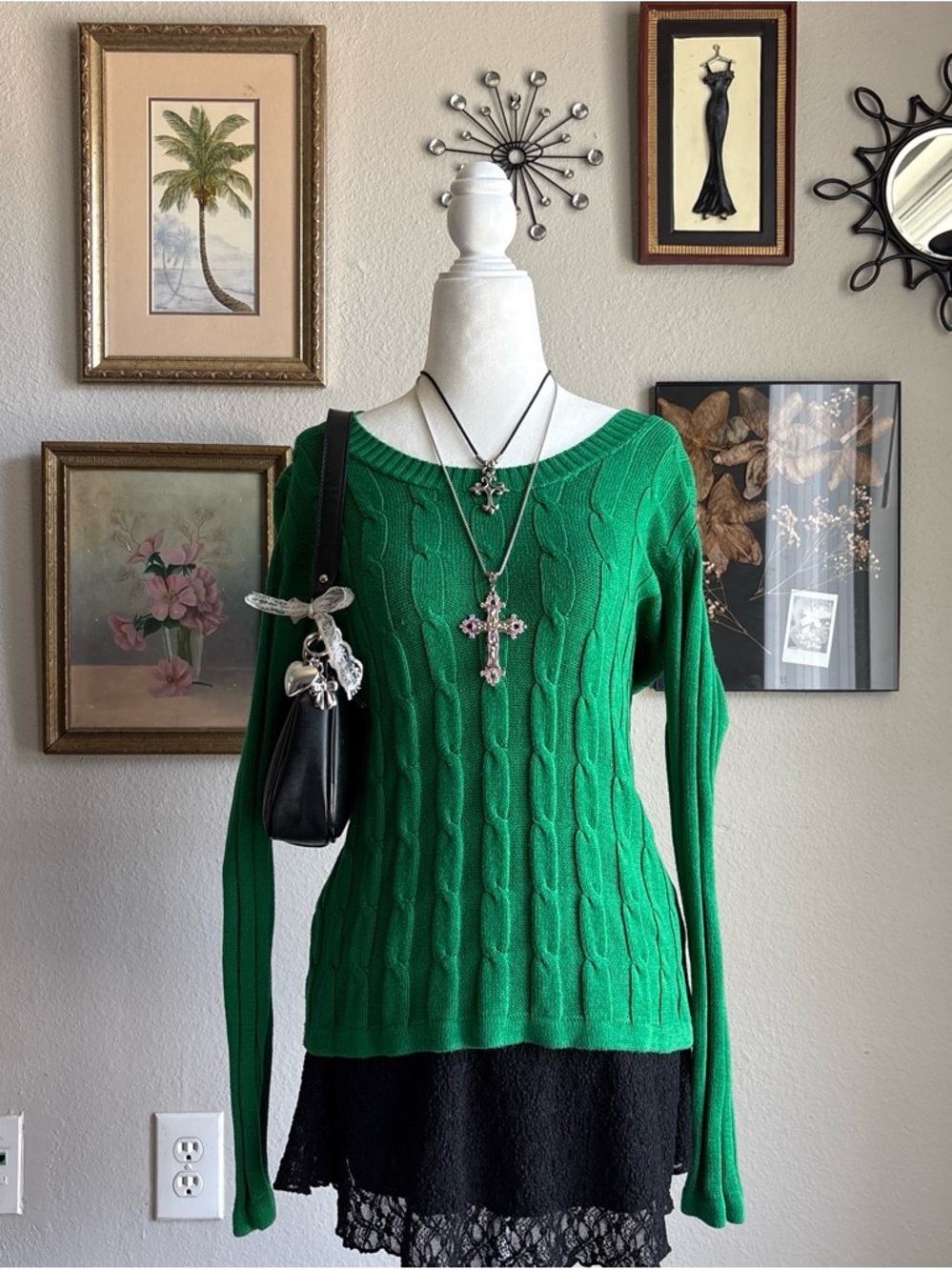 Faded Glory Emerald Green Cable-Knit Scoop Neck Sweater